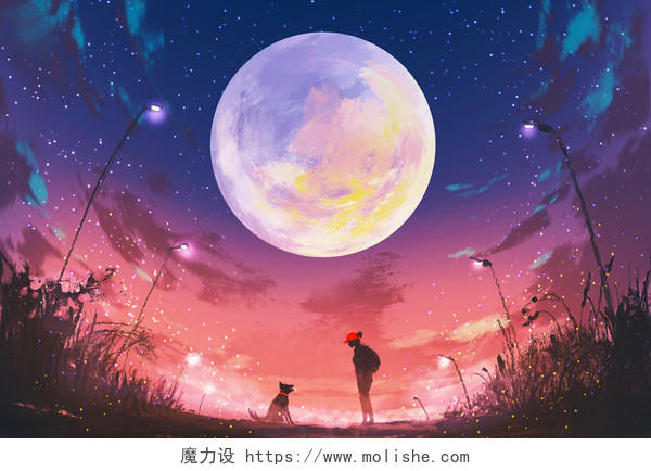 年轻女人和狗在美丽的夜晚插画月亮中秋节